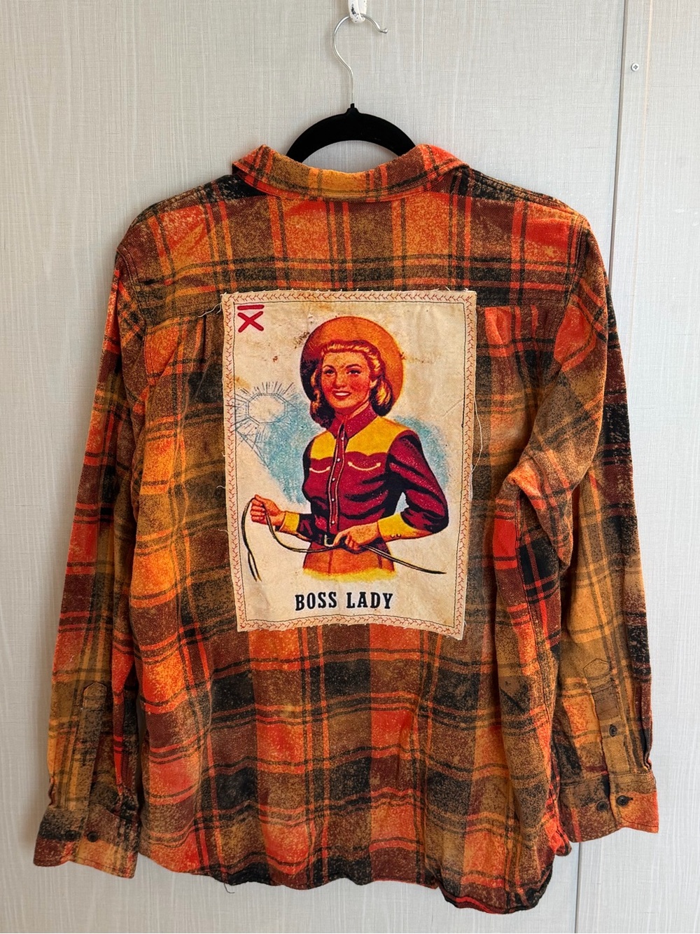 Angry Minnow Flannel Shirt Sz L Orange Plaid Bleach Splatter Western Giddyup